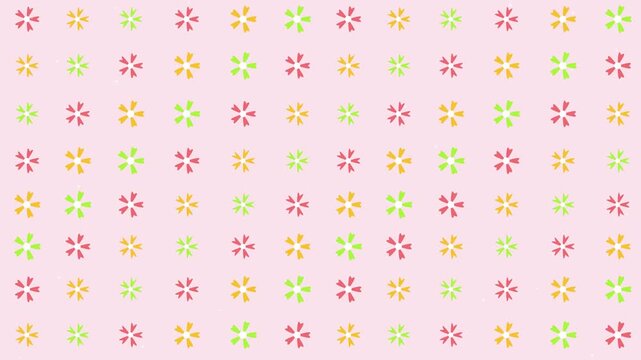 Cute animated floral pattern background with tiny colorful rotating flower shapes on a soft pink c