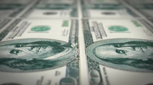 Paper money, $100 banknotes with a blue color inversion effect. 4K