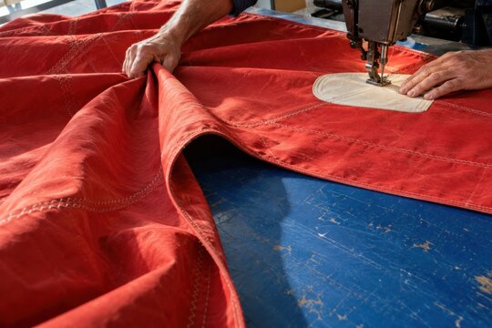 Sailmaker Stitching Red Sailcloth Reinforcement with Industrial Sewing Machine