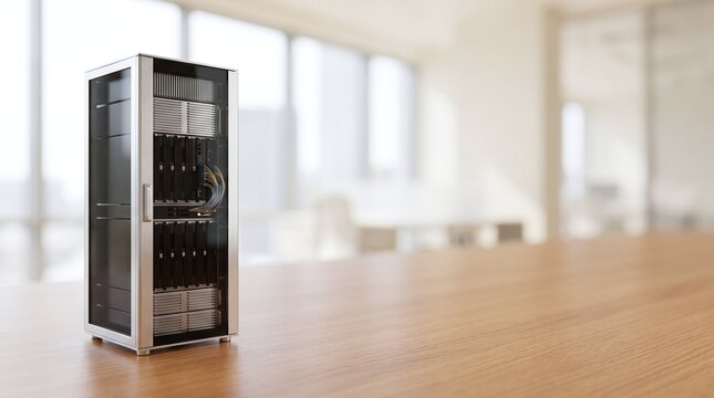 Server rack with blinking lights and cables sits on a wooden table in a bright office