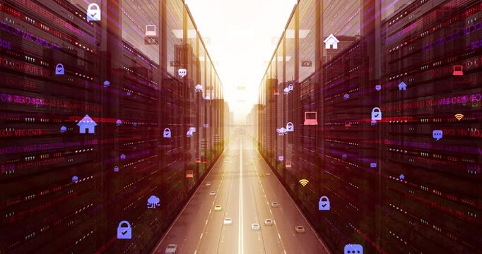 Futuristic digital data highway passing through abstract cloud servers and modern city. Technology Related 3D 4K Animation.