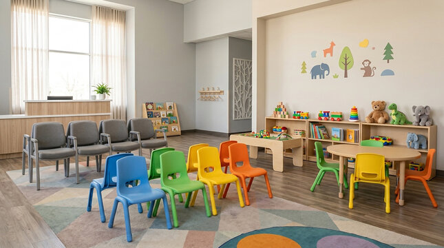 Brightly lit childrens play area with colorful chairs and toys in a modern waiting room