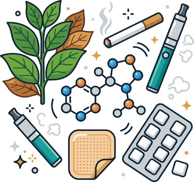 Set of nicotine products including tobacco leaves, cigarette, vape pens, molecule structure, nicotine patch and gum, flat vector illustration