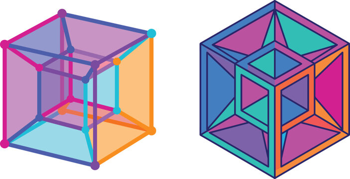 Two colorful tesseract hypercube illustrations, one transparent with glowing vertices and one with solid faces, flat vector illustration