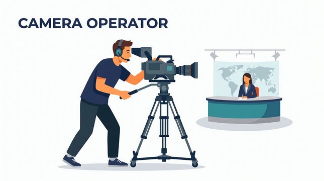 Professional camera operator recording live television news broadcast with studio camera and anchor desk background vector illustration