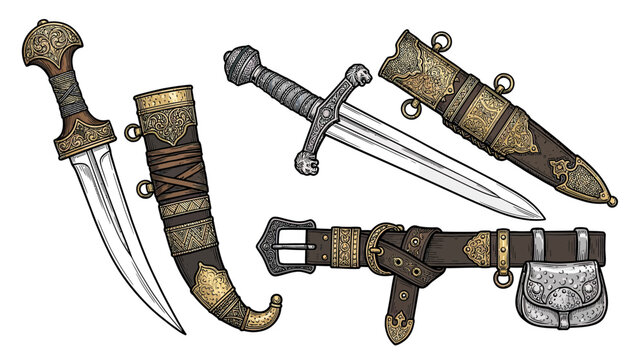 Medieval Dagger, Sword, Scabbard, and Belt Set