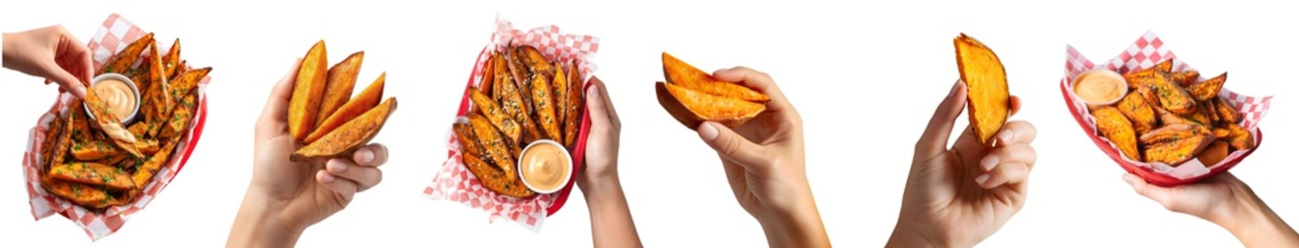 Set of hand holding sweet potato potatoes wedges wedge slices, fried baked pile stack group, red checkered food basket with chipotle aioli sauce, transparent cutout PNG Mockup