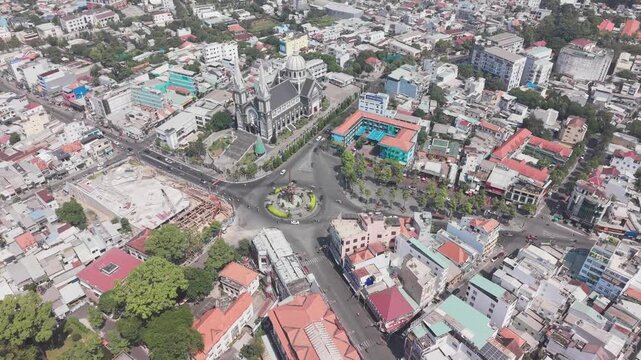 Aerial view of Phu Cuong Cathedral at Thu Dau Mot Roundabout, Vietnam