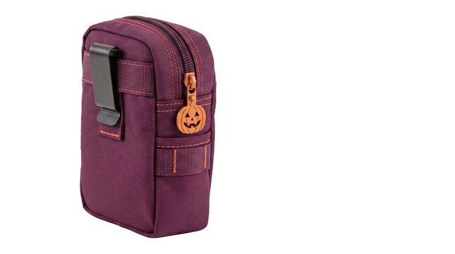Small burgundy nylon utility bag featuring orange pumpkin charm and metal belt clip for autumn seasonal travel accessories