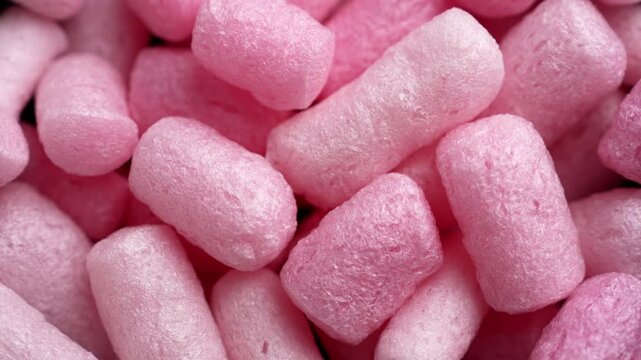 Heap of soft pink polystyrene packing peanuts inside a shipping box. Cylindrical foam filler pellets with porous and spongy texture