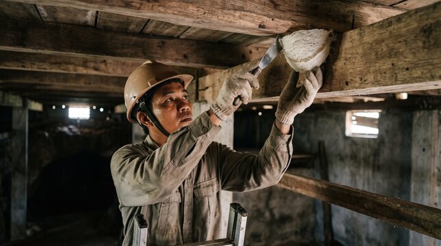 Worker harvesting edible swiftlet bird nest from ceiling beam conveying traditional nest farming industry