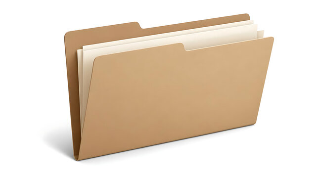 A single brown cardboard office folder containing white paper documents isolated on white background.