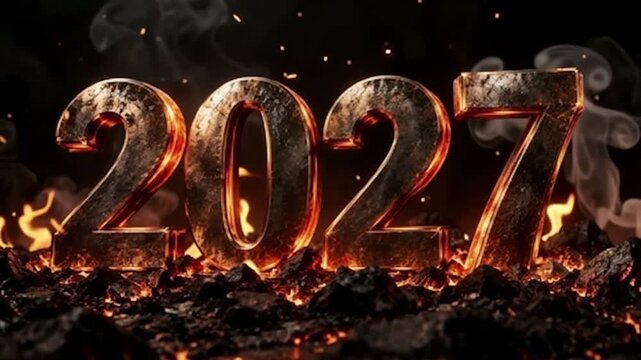 2027 burning metal text fire flames glowing embers smoke loop