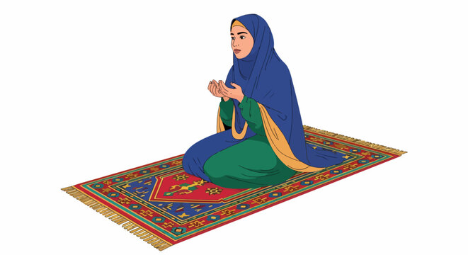 Muslim Woman Praying on Prayer Rug Wearing Blue Hijab and Green Dress in Devotional Pose with Hands Raised in Supplication and Worship