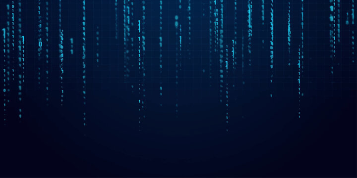 Digital rain of binary code flows downwards against a dark, deep blue background, creating a futuristic and tech-inspired abstract visualization.
