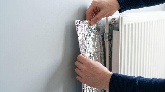 Person installing reflective foil behind a radiator for energy efficiency  