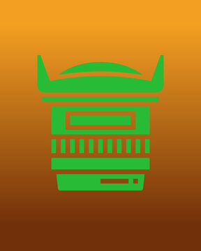 This is a flat-style icon illustration of a camera lens with a petal-shaped lens hood. The entire icon is rendered in solid bright green, set against a smooth vertical gradient background that transit
