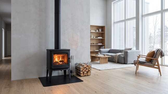 Modern living room with a stove, wooden floor, and natural light  
