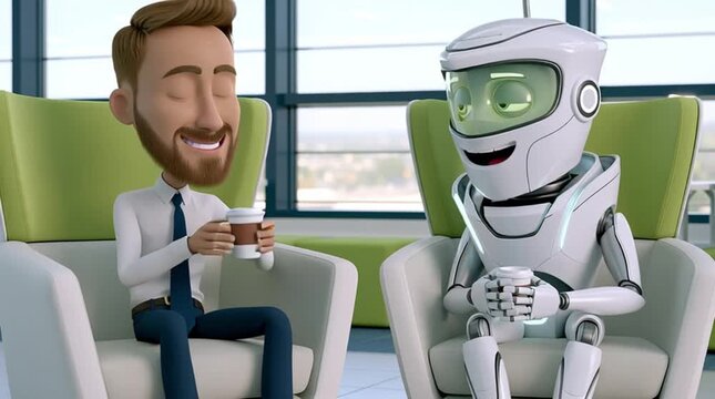 coffee break  friendly businessman and his robot colleague are talking with cups in the office lounge area, 3D design, cartoon style, animation 