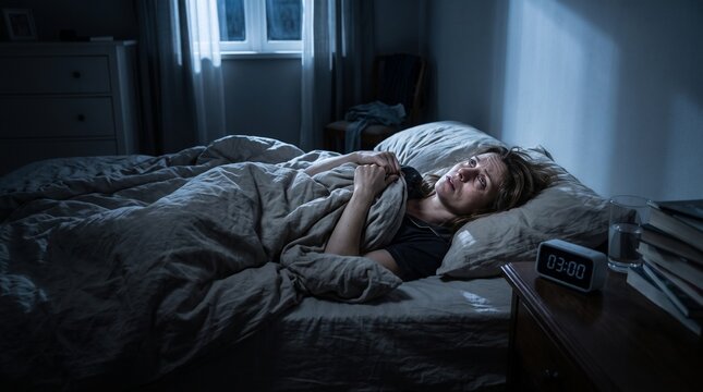 Anxious woman lying awake in bed looking at digital clock showing 3 AM representing insomnia and sleep disorder