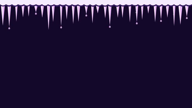 Animated festive icicles top edge dripping slowly in a minimal flat vector style, purple and violet on a dark background. Smooth 4K seamless loop with calm motion and plenty of empty space for text. W