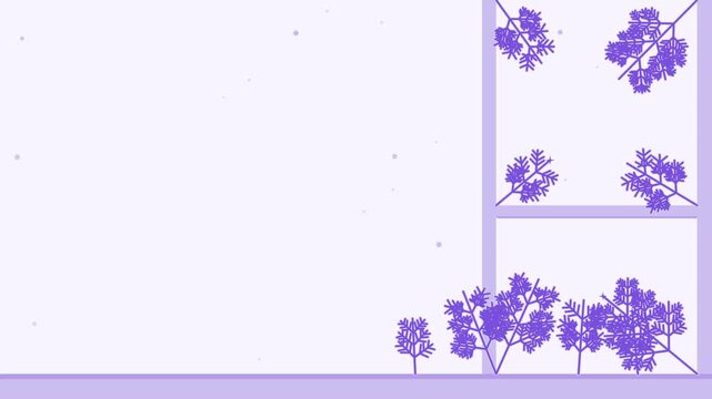 Animated festive frosted window corner ice ferns in a minimal flat vector style, purple and violet on a light background. Smooth 4K seamless loop with calm motion and plenty of empty space for text. W