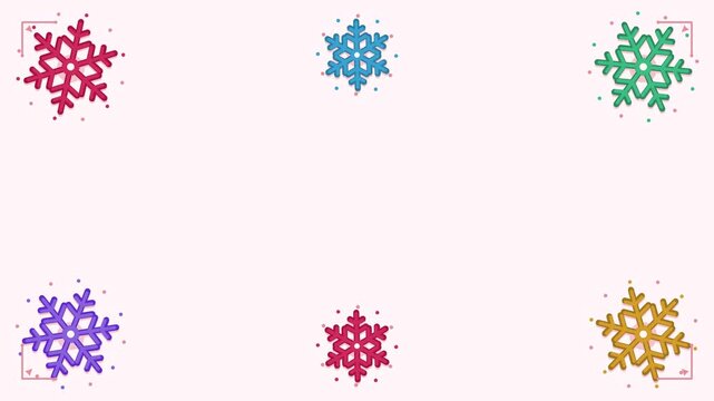 Animated festive snowflake ornament frame slowly rotating in a minimal flat vector style, purple and violet on a light background. Smooth 4K seamless loop with calm motion and plenty of empty space fo