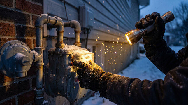 Person checking gas meter with flashlight in snowy evening  