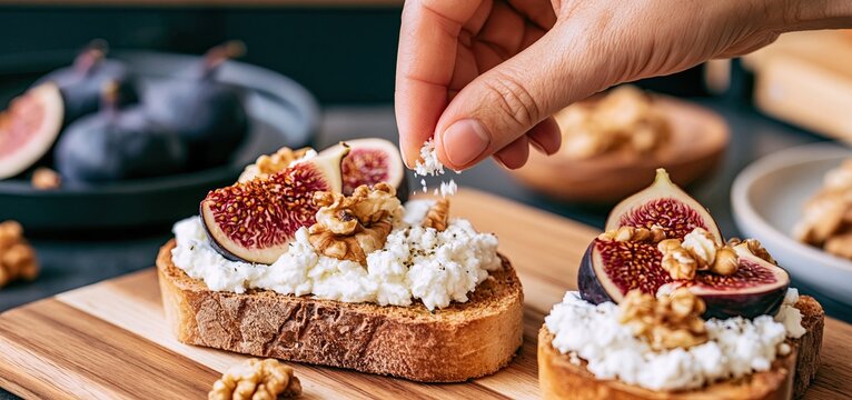 Toasted bread layered with fresh figs and walnuts is topped with creamy goat cheese in a cozy rustic kitchen.