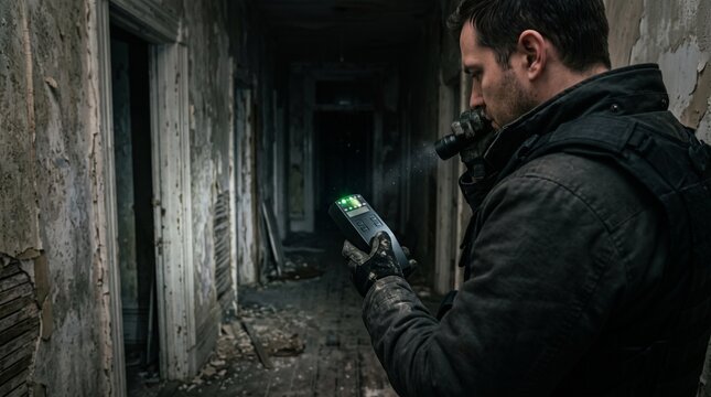 Paranormal investigator holding EMF meter and flashlight inside abandoned creepy mansion hallway representing ghost hunting