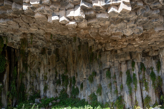 Basalt Rock Overhang and Green Vegetation at the Symphony of Stones, Garni, Armenia.