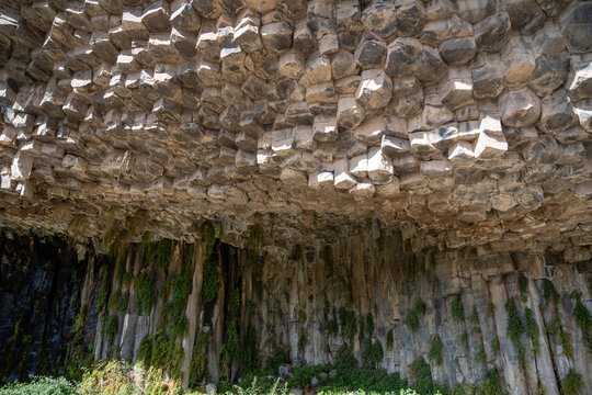 Basalt Rock Overhang and Green Vegetation at the Symphony of Stones, Garni, Armenia.
