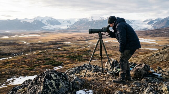 Wildlife researcher observing tundra landscape using spotting scope on tripod atop rocky hill depicting arctic ecology