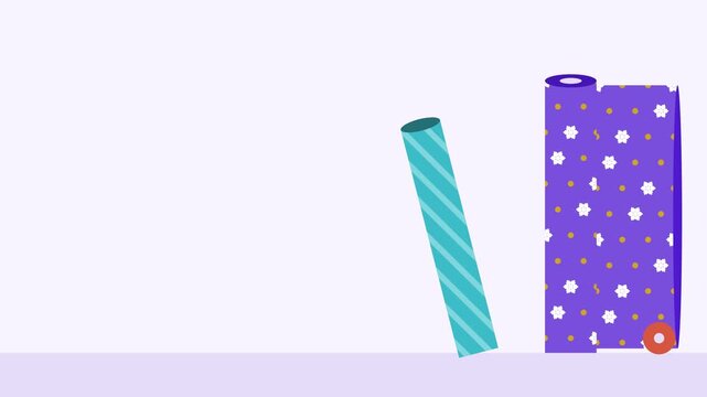 Animated festive wrapping paper roll unrolling slightly in a minimal flat vector style, purple and violet on a light background. Smooth 4K seamless loop with calm motion and plenty of empty space for 