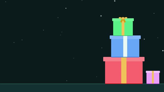 Seamless 4K looping winter holiday animation: gift boxes stacked settling down. Flat vector shapes in teal and turquoise on a dark background with generous copy space for your own greeting or title. H