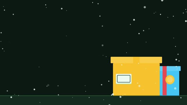 Animated festive delivery with gifts label pulsing in a minimal flat vector style, green and emerald on a dark background. Smooth 4K seamless loop with calm motion and plenty of empty space for text. 