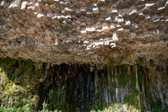 Basalt Rock Overhang and Green Vegetation at the Symphony of Stones, Garni, Armenia.