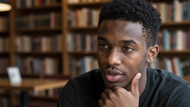 Young Man Engages in Thoughtful Conversation at Library
