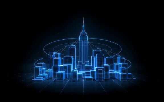 Glowing blue digital wireframe city skyline with skyscrapers and data