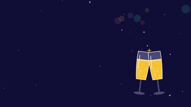 Seamless 4K looping winter holiday animation: champagne glasses pair clinking softly. Flat vector shapes in deep blue on a dark background with generous copy space for your own greeting or title. Hori