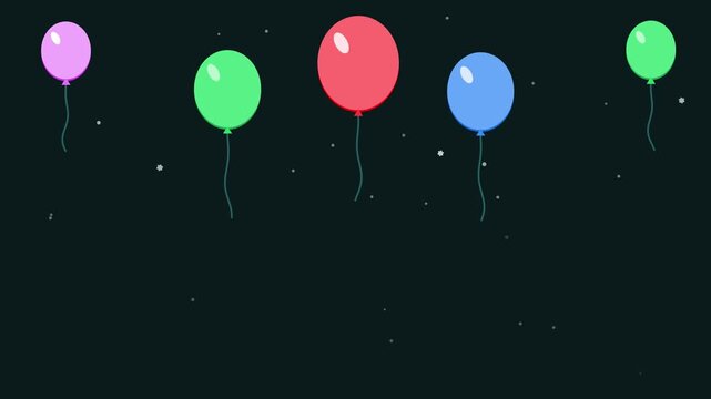 Seamless 4K looping winter holiday animation: balloon cluster top gently bobbing. Flat vector shapes in teal and turquoise on a dark background with generous copy space for your own greeting or title.