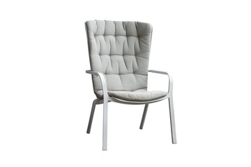 Obraz premium Modern high back armchair with soft gray tufted cushion isolated on white background