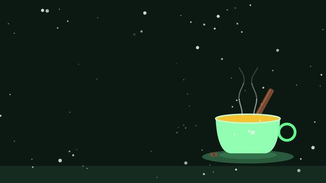 Animated festive tea with spices steam curling in a minimal flat vector style, green and emerald on a dark background. Smooth 4K seamless loop with calm motion and plenty of empty space for text. Wide