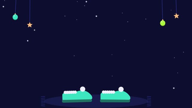 Animated festive slippers pair bottom gently rocking in a minimal flat vector style, deep blue on a dark background. Smooth 4K seamless loop with calm motion and plenty of empty space for text. Widesc
