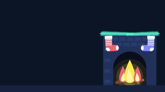 Seamless 4K looping winter holiday animation: fireplace arch corner flames flickering. Flat vector shapes in deep blue on a dark background with generous copy space for your own greeting or title. Hor