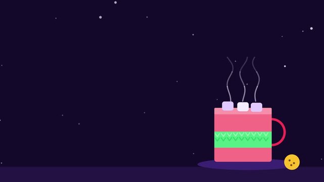Animated festive hot cocoa mug steam rising in a minimal flat vector style, purple and violet on a dark background. Smooth 4K seamless loop with calm motion and plenty of empty space for text. Widescr