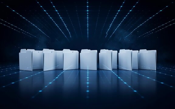 Row of white paper folders standing on a dark reflective surface with