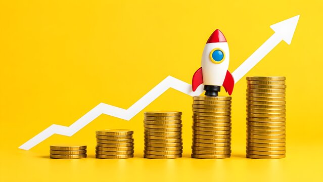 Toy rocket on growing coin stacks with upward white chart line
