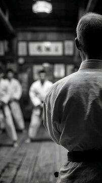 A black and white photo showing the back of a martial artist in a gi observing students training in a dojo background.