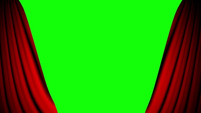 Red velvet curtains opening to reveal radiant neon crowned heart symbols against vibrant green screen background with symbols topped miniature curtains pulling back
